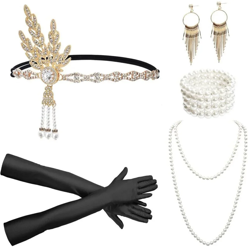 Women Flapper Costume Accessories Set Vintage 1920s Headband Earrings Gloves Pea